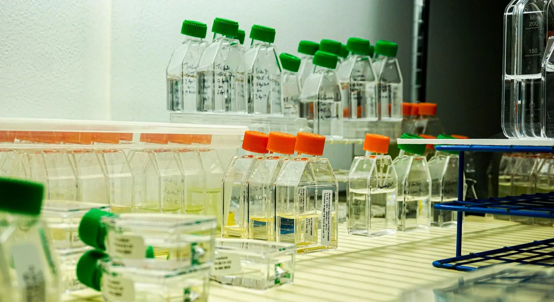 Lab environment with plastic bottles filled with clear liquid, green and orange caps on shelves