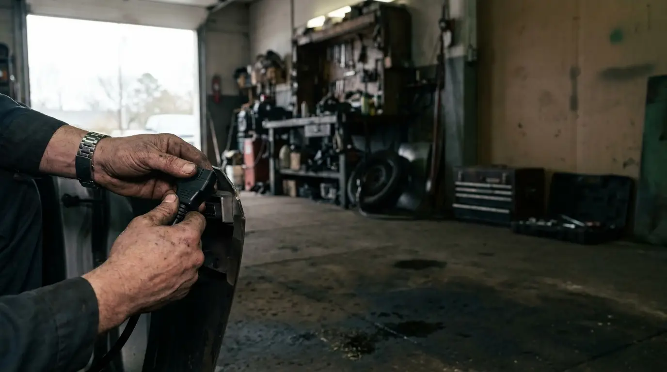 Mechanic's hands working on car part in dimly lit garage workshop with tools in background