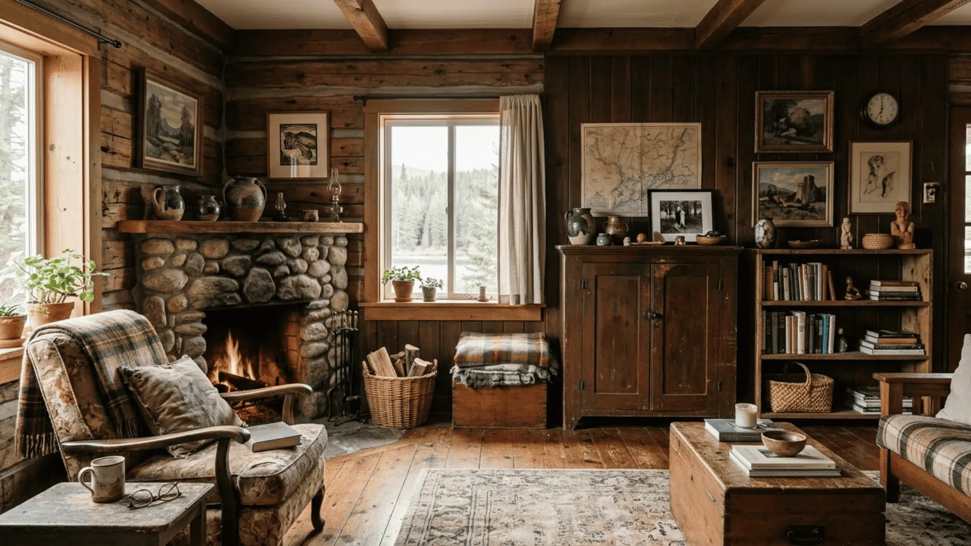 vintage cabin living room with antique furniture, handmade decor, and collected personal pieces