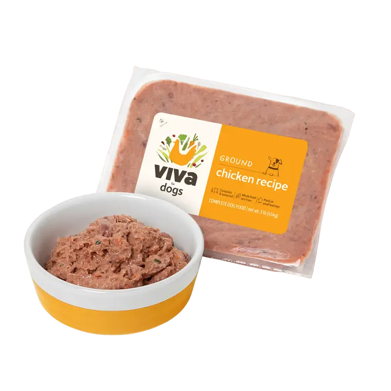 Pet food bowl filled with ground chicken next to packaged Viva Dogs chicken recipe