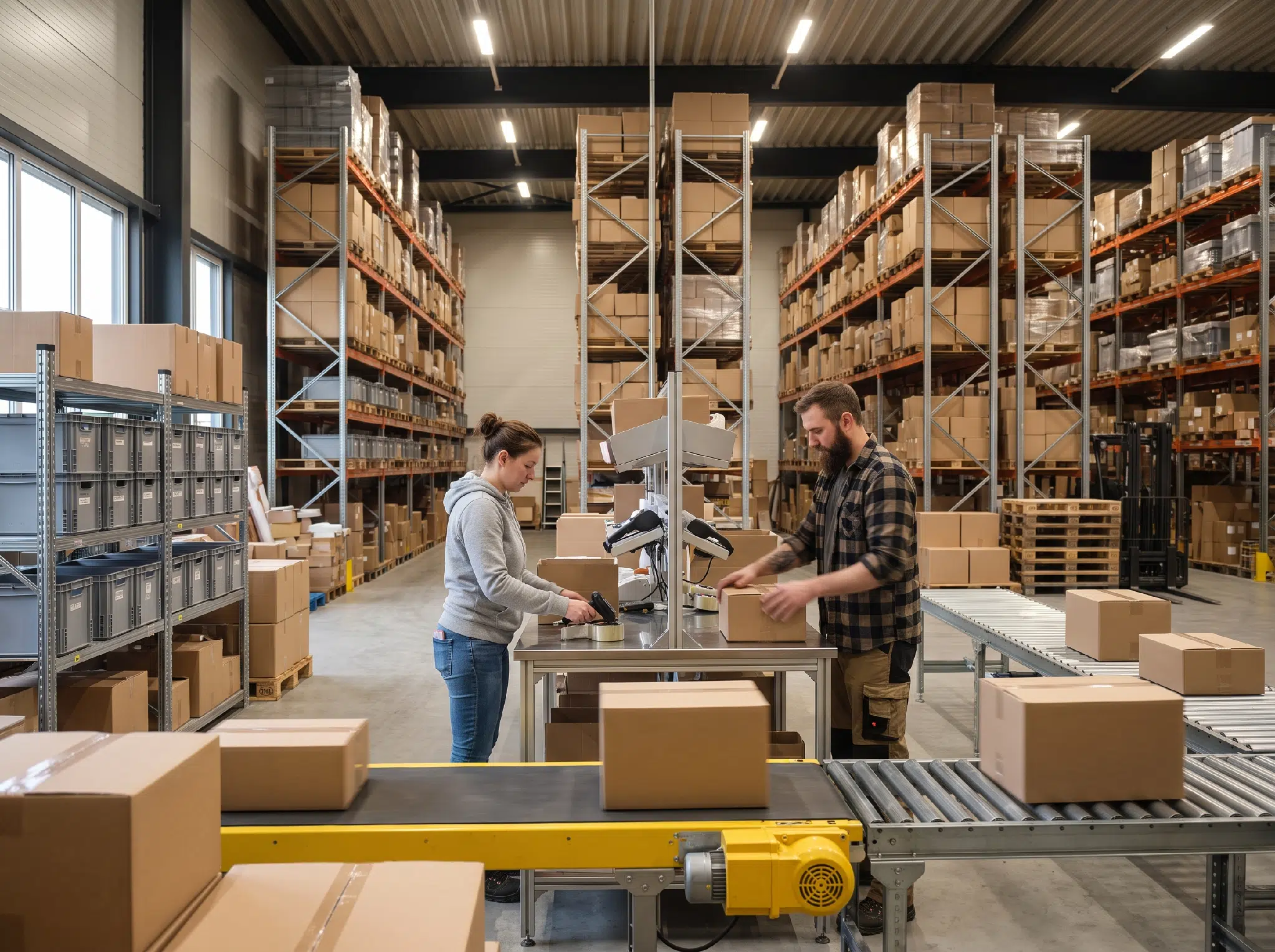 Warehouse interior with organized shelving and workers packing orders near a conveyor belt