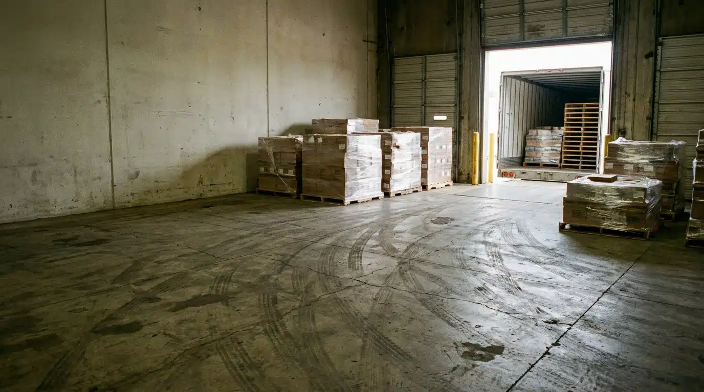 Pallets of wrapped goods in a spacious warehouse beside an open loading dock door