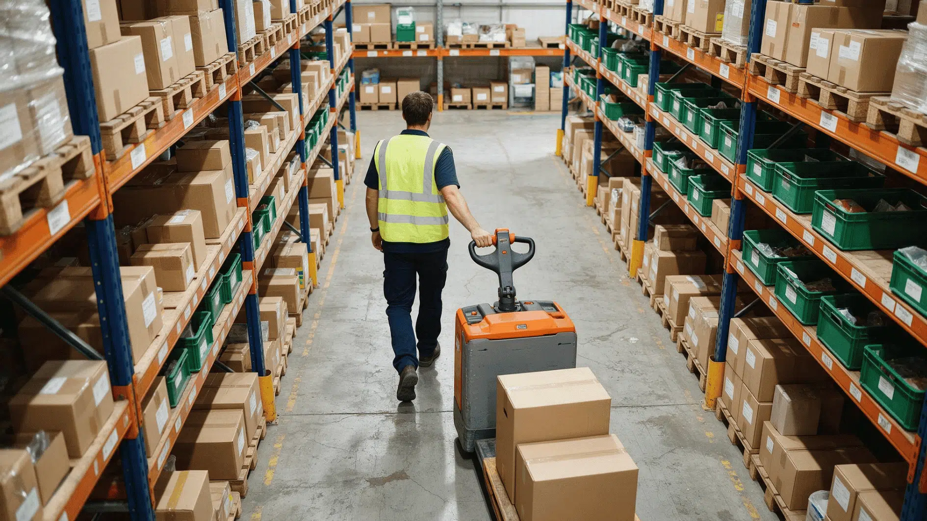 warehouse worker moving boxes with an electric pallet jack between tall storage shelves in a distribution center