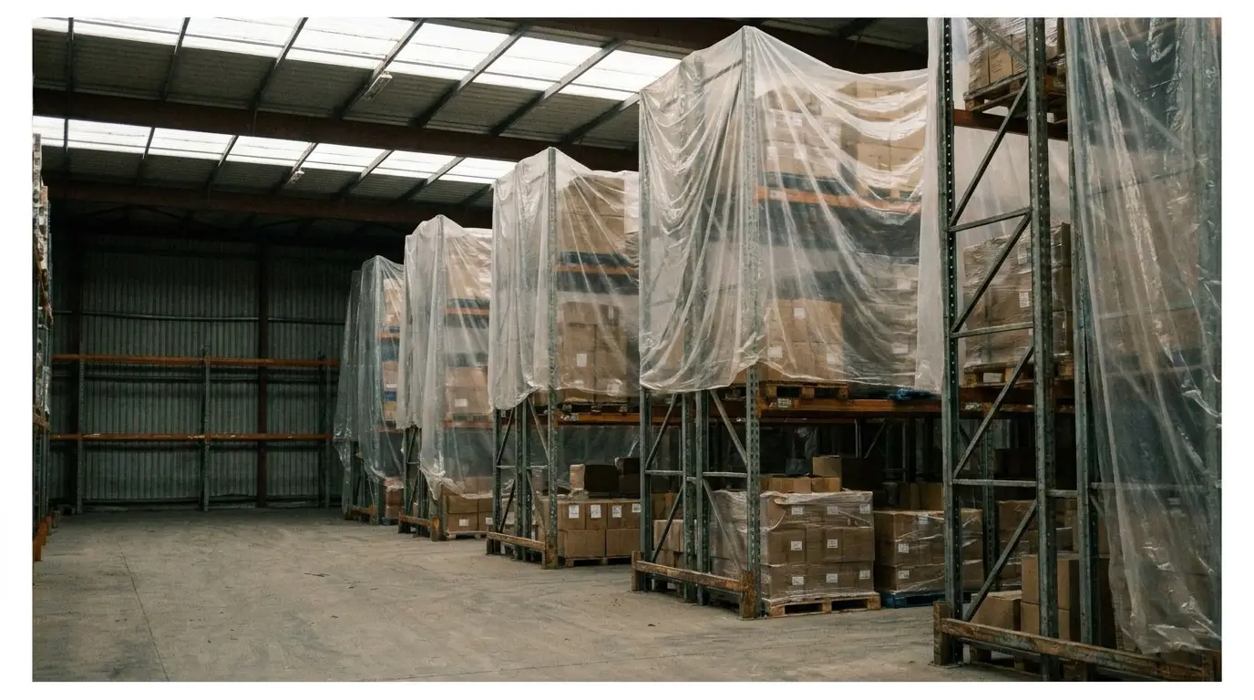 Pallets of boxed goods covered in plastic in a large warehouse with high ceilings
