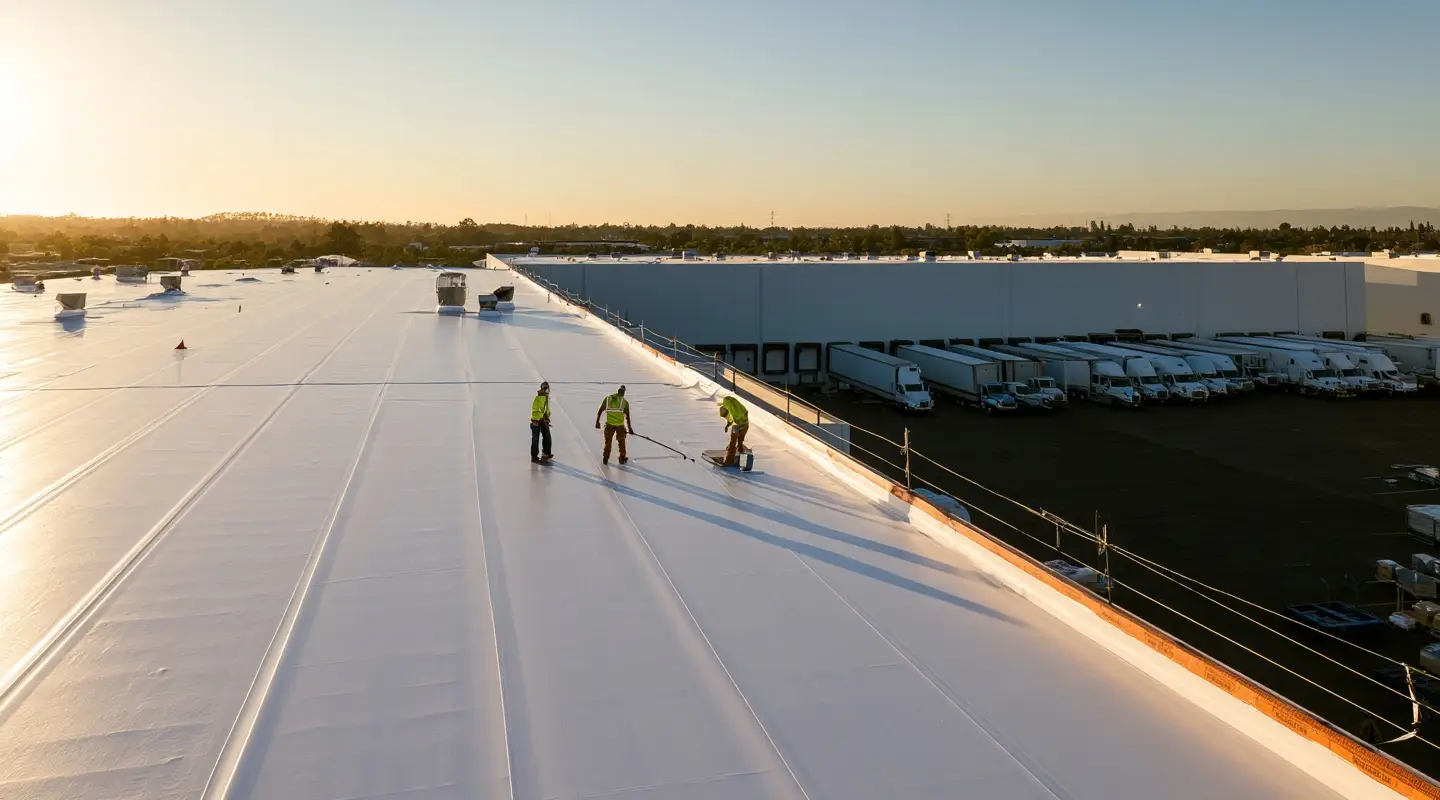 Three construction workers in safety gear installing white roofing material at sunrise on industrial building