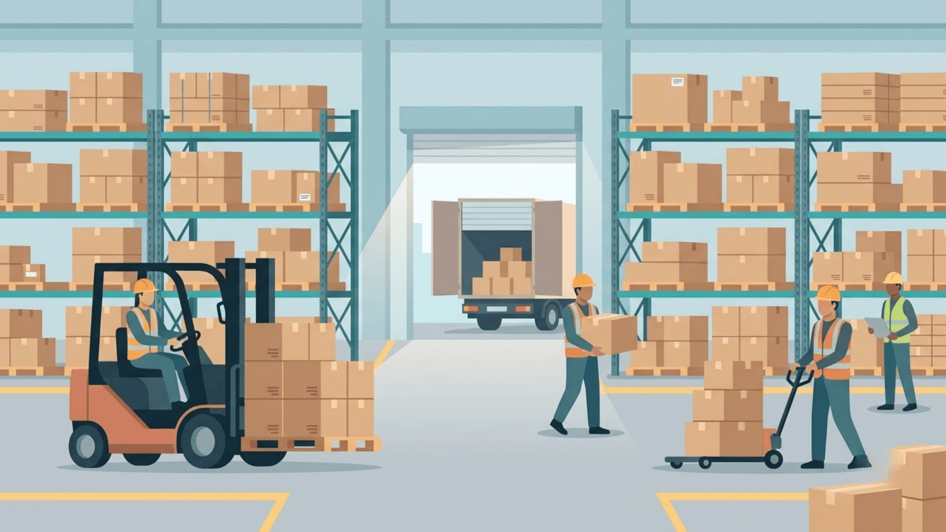 warehouse workers handling boxes near storage racks with a forklift and hand truck in a busy loading area