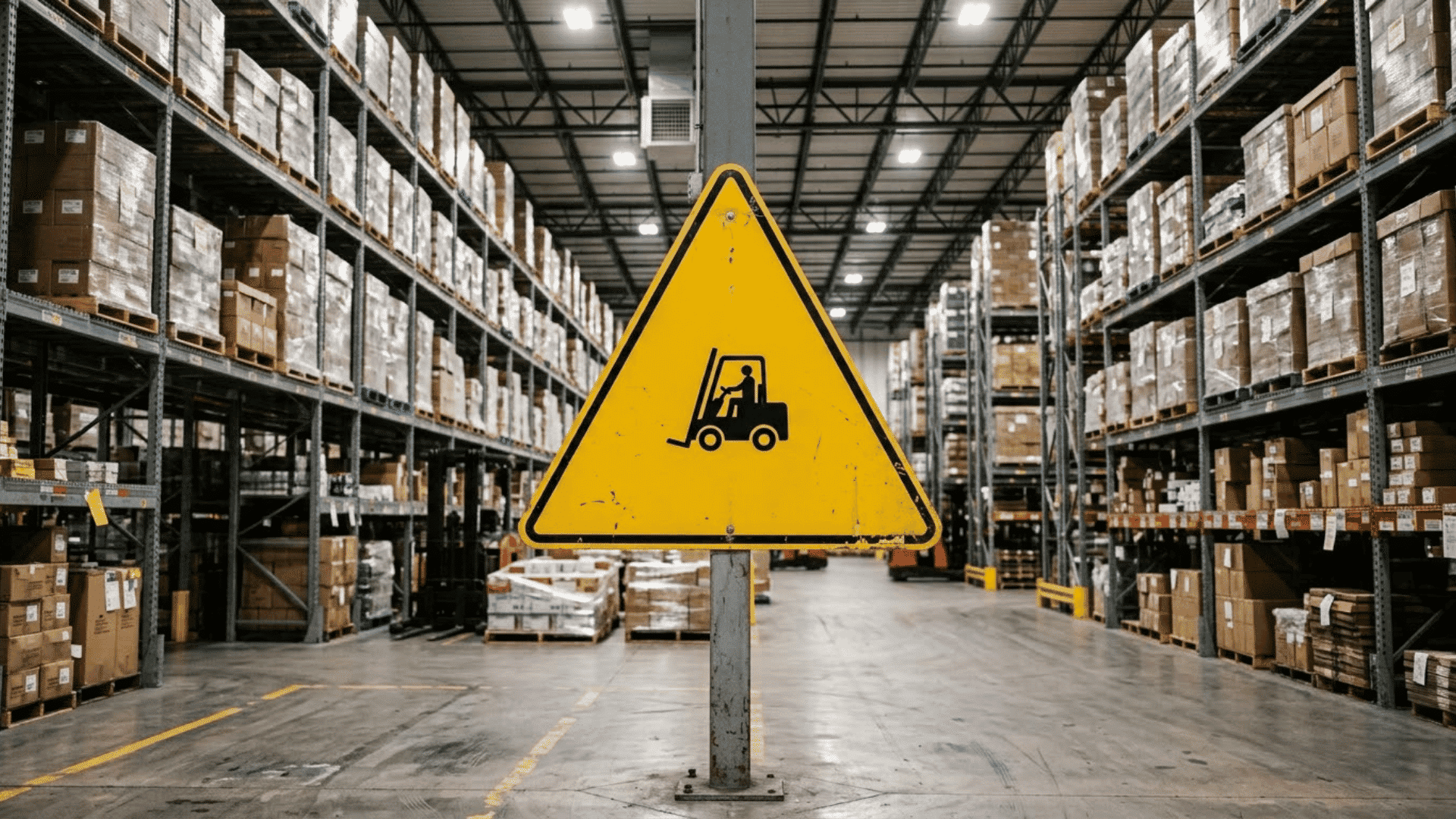 yellow forklift warning sign in front of tall warehouse racks stacked with boxes and wrapped pallets