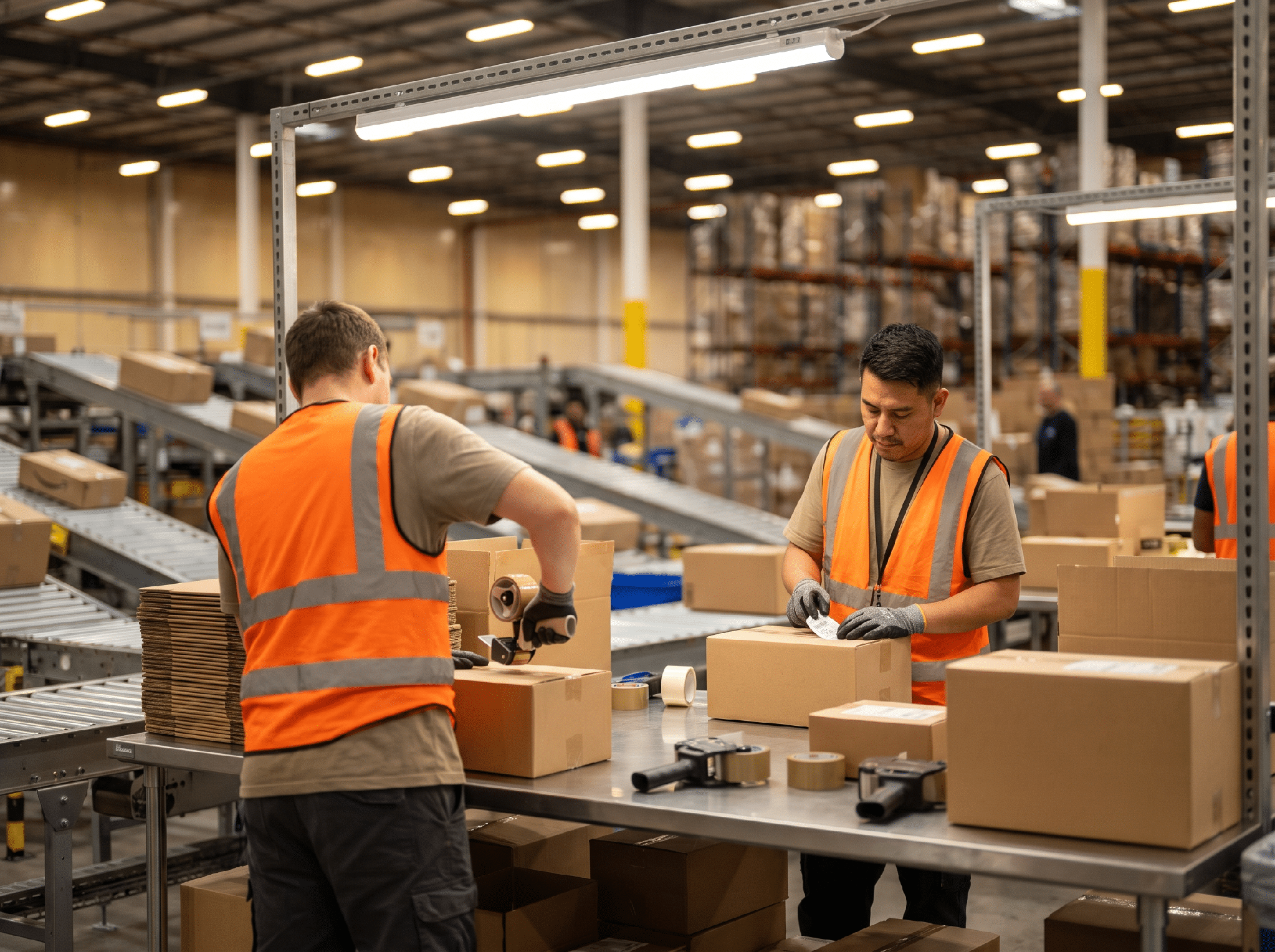 Warehouse workers packing boxes at a fulfillment station
