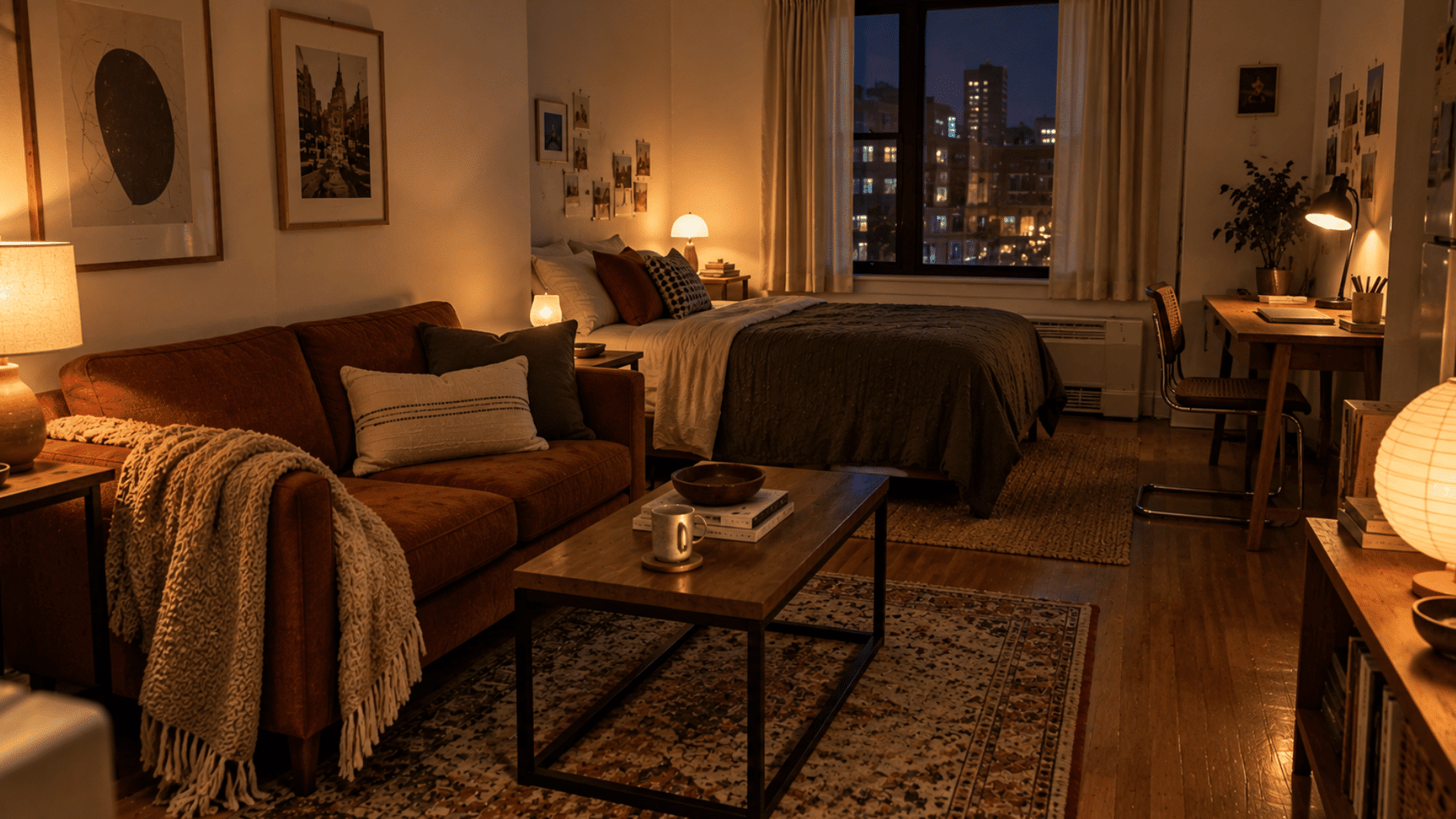 three different warm lamps softly light separate areas of a realistic studio apartment at night