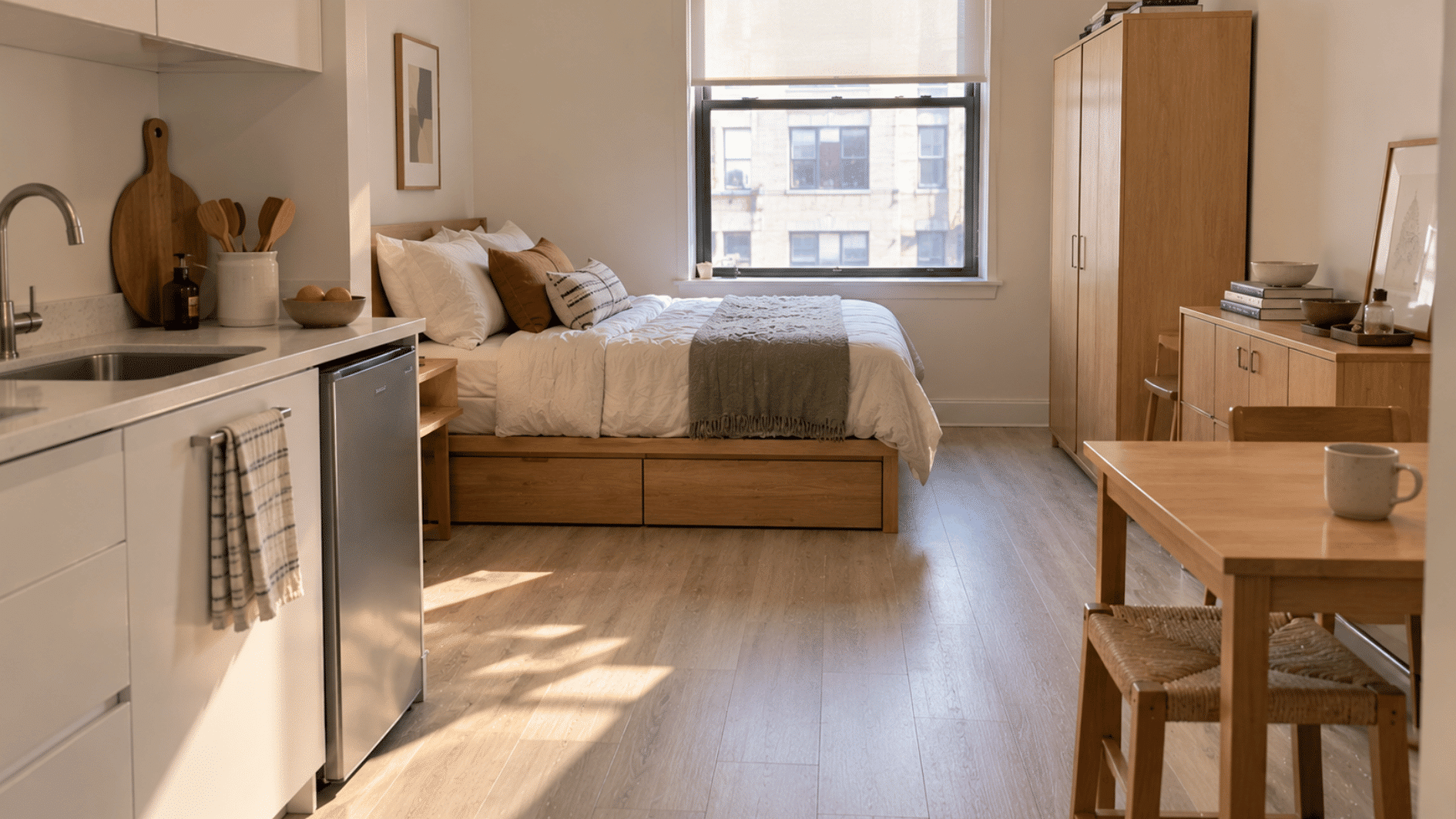 medium oak furniture and white surfaces create a bright compact studio apartment