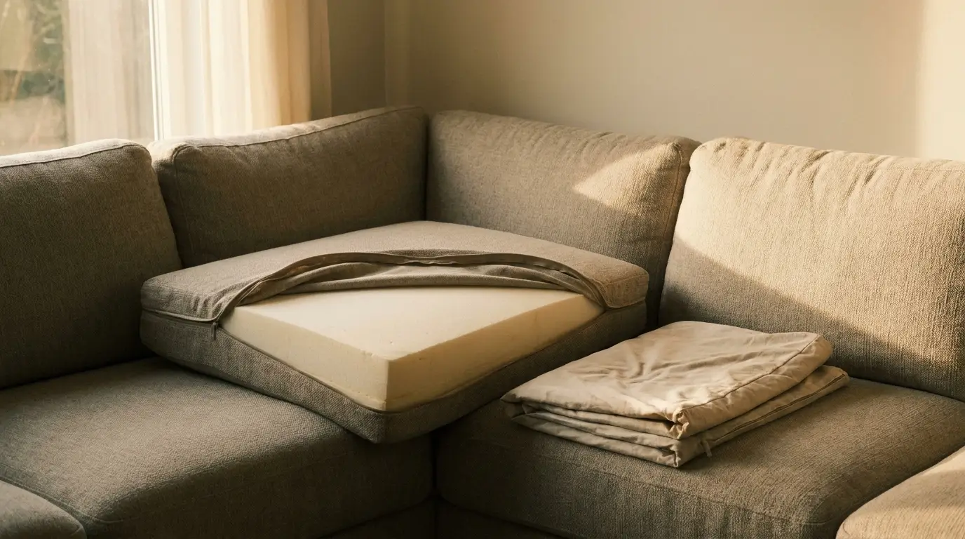 Beige sectional sofa with removed cushion cover revealing foam interior in cozy living room setting