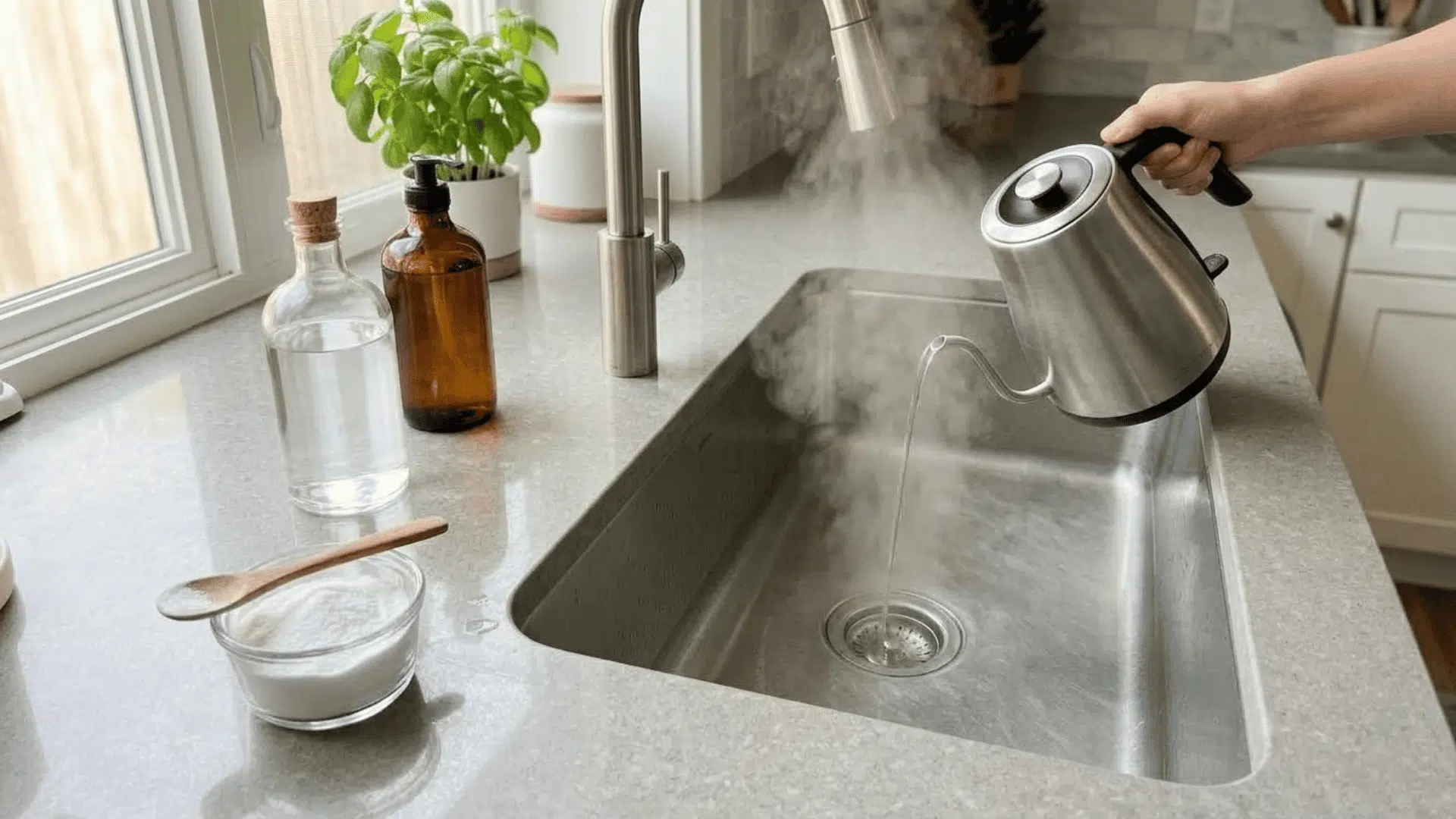 washing soda and boiling water poured into a bathroom sink drain to clear a hair clog