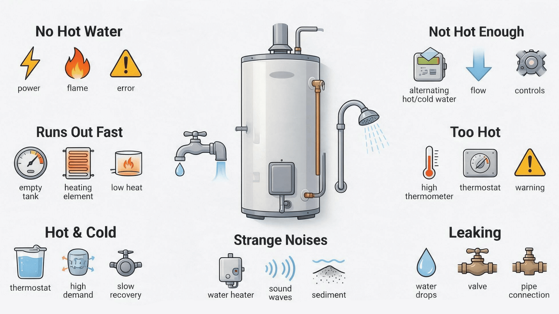 infographic showing common water heater problems grouped by symptom around a central tank illustration