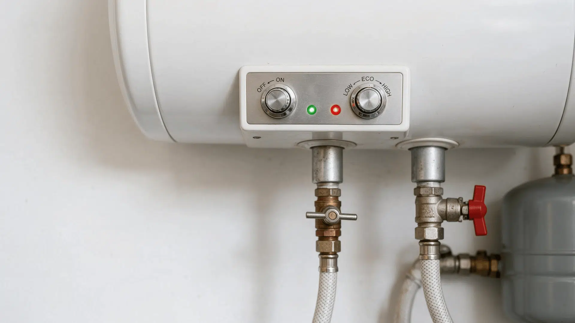 close-up of an electric water heater control panel with power and temperature dials