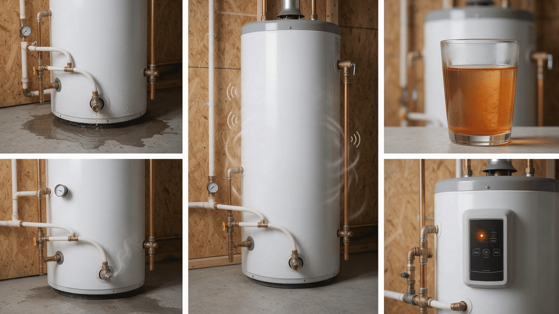 collage of five water heater warning signs including leaking, popping sounds, rusty water, odor, and error code