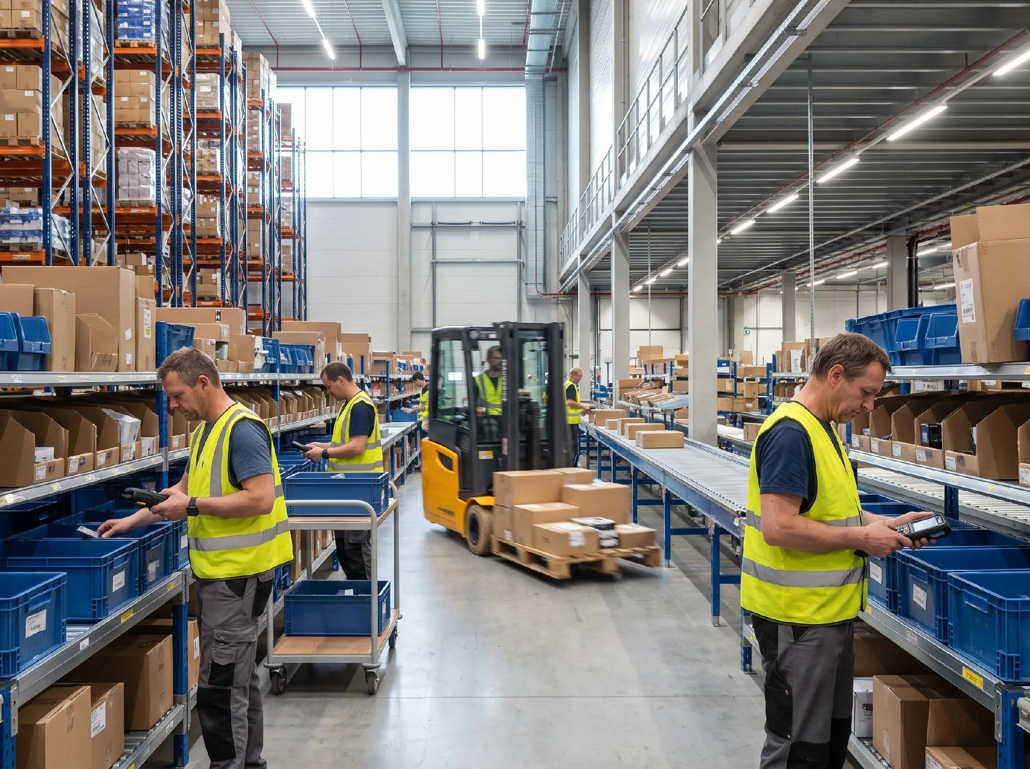 Workers in a large warehouse sorting packages on shelves, bright fluorescent lighting