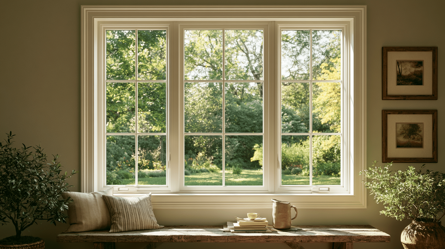 Wooden table with cushions and plants near large window overlooking lush garden