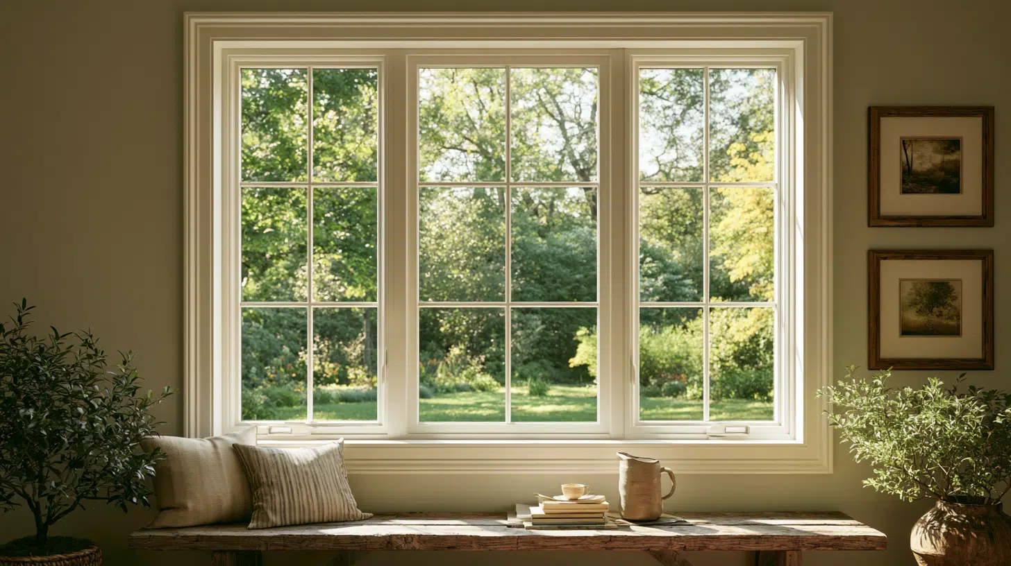 Wooden table with cushions and plants near large window overlooking lush garden