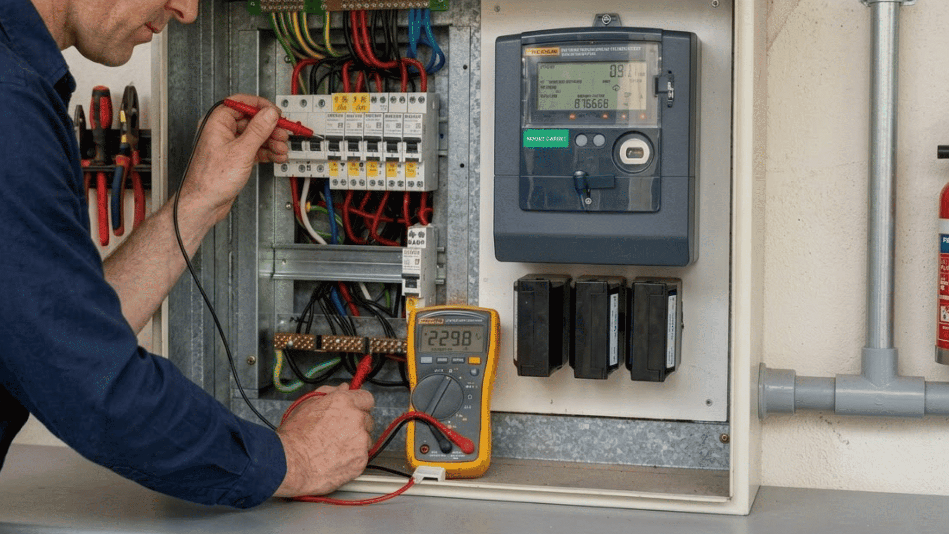 electrician testing an open electrical panel with a digital multimeter