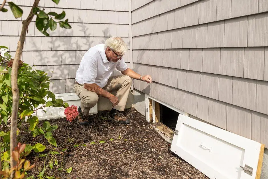 Man inspecting crawl space entrance beside house with gray siding in garden setting