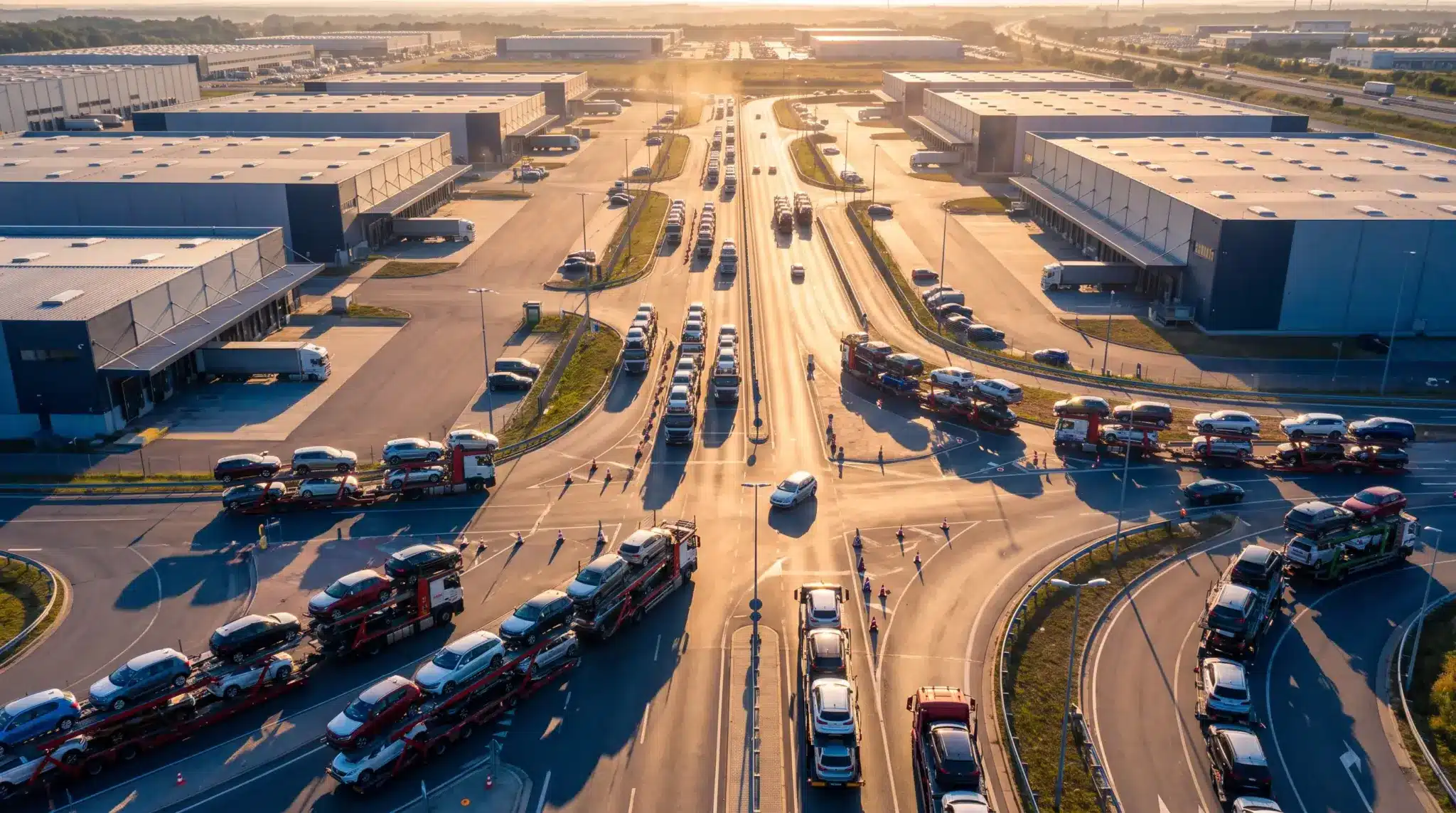 Cars and car transporters lining industrial park road at sunset, surrounded by large warehouses