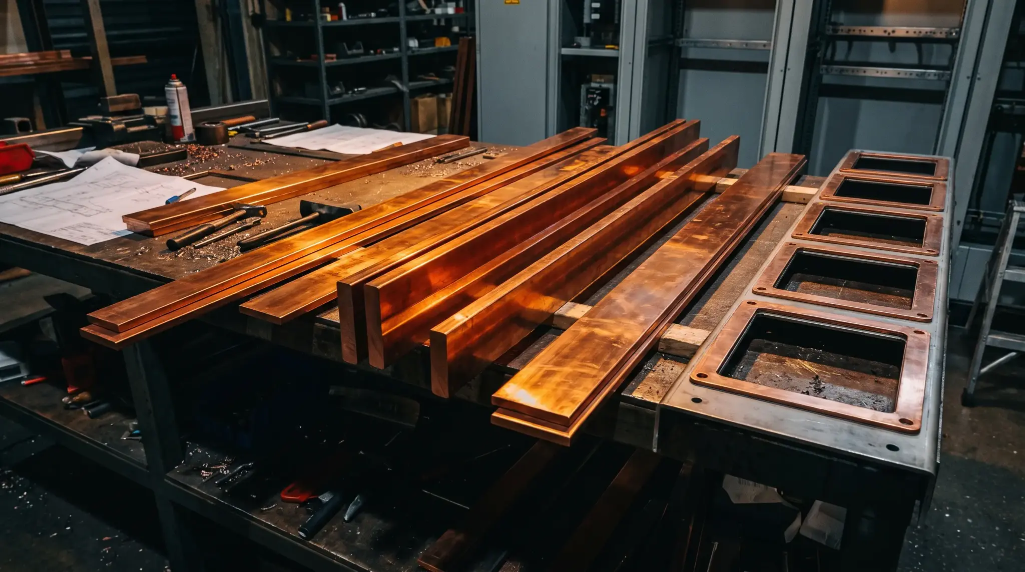 Copper bars on workbench in dimly lit industrial workshop with tools and blueprints nearby