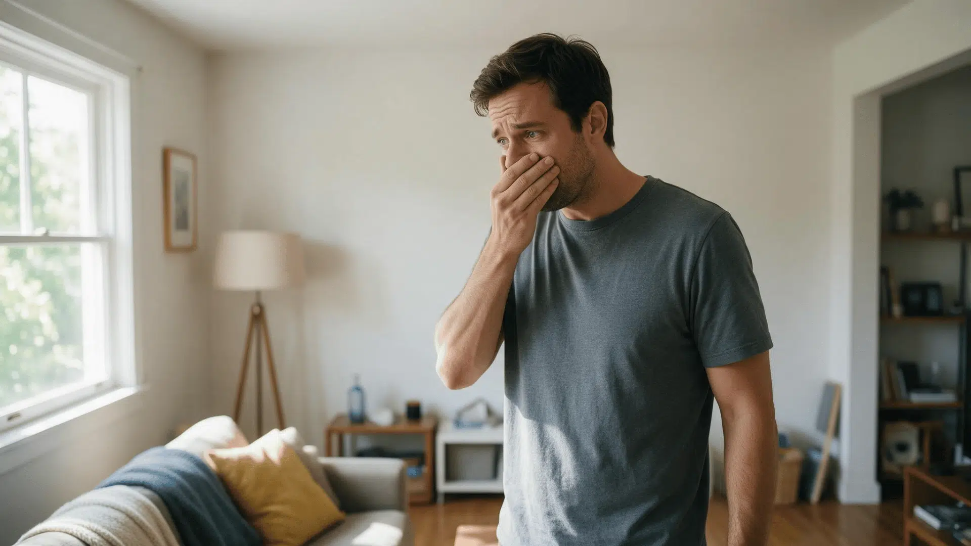 man covering his nose after noticing a musty smell inside a bright modern living room