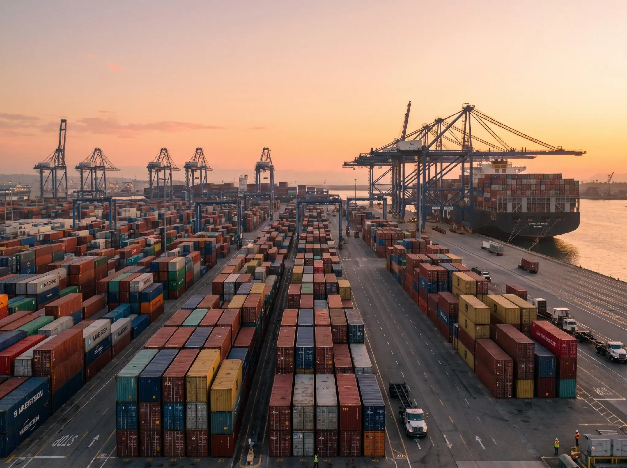Container ship and numerous cargo containers at busy port during sunset