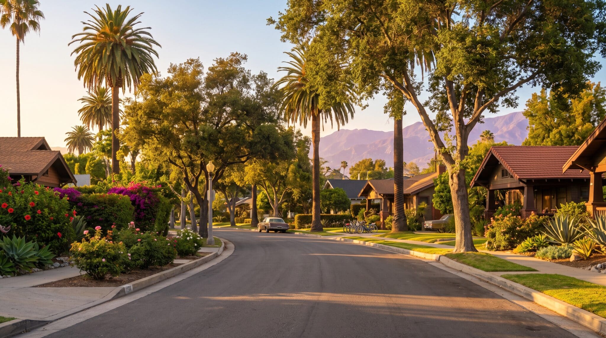 Quiet suburban street lined with palm trees and gardens under warm evening light