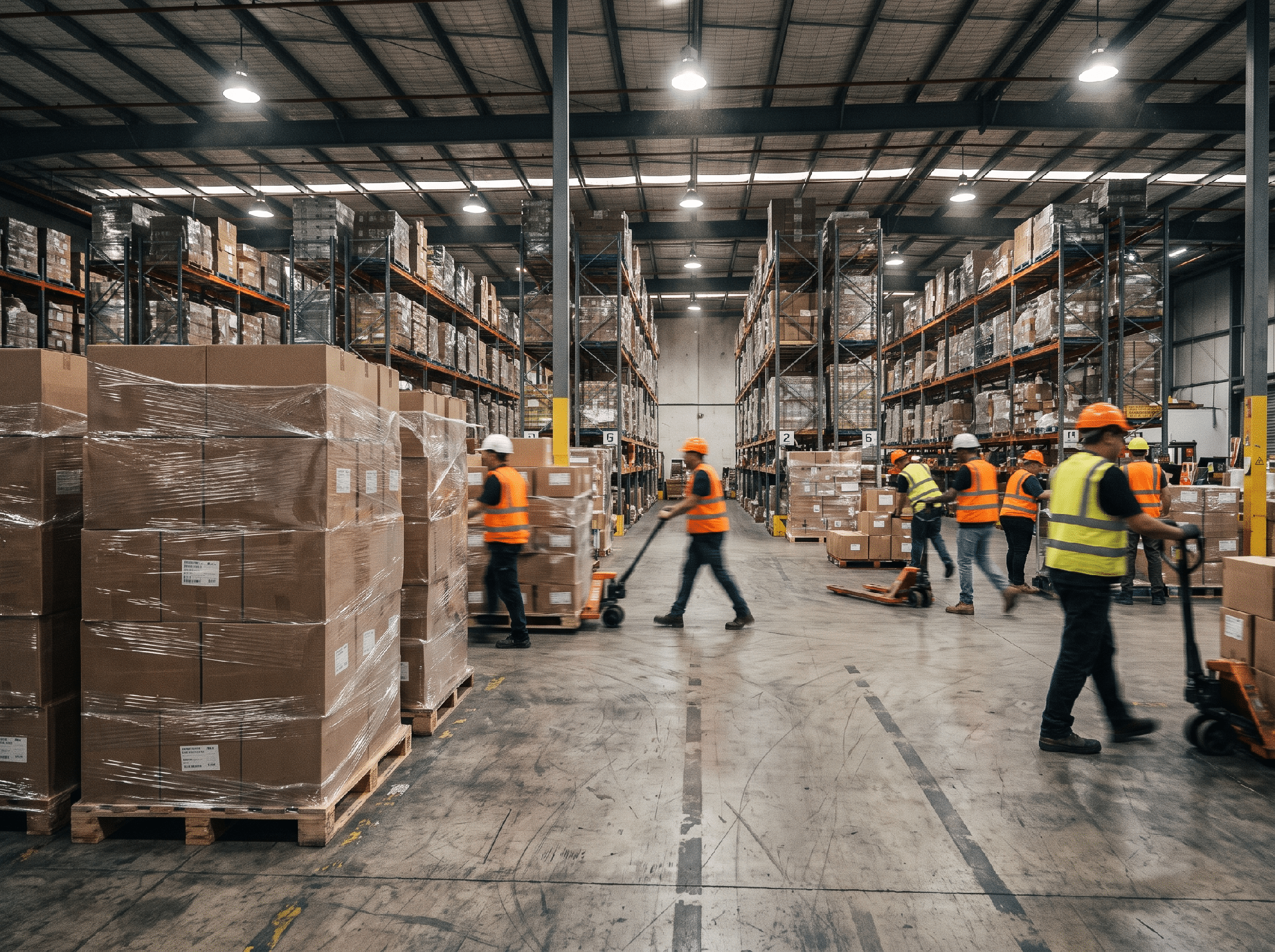 Wide shot of a fulfillment center during a busy peak-season rush with stacked pallets