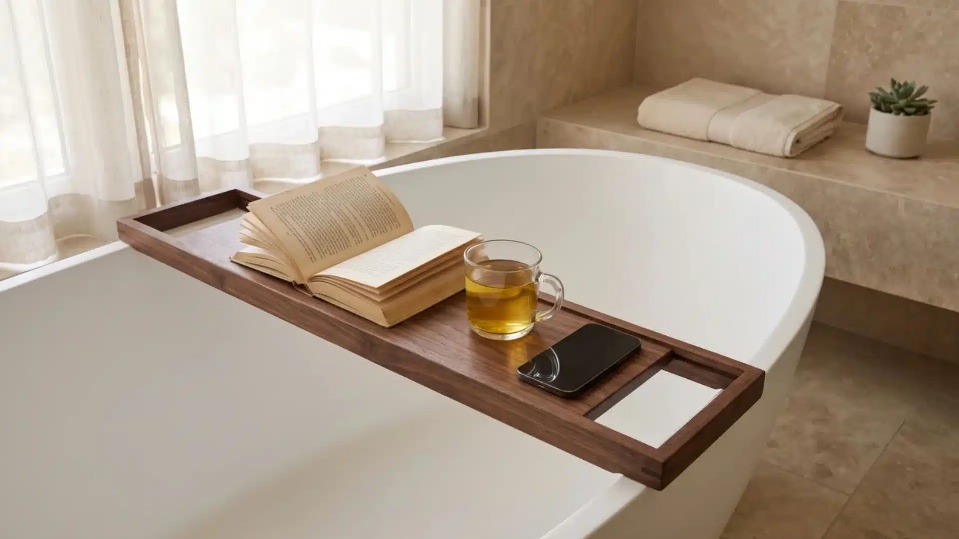 Wooden bath caddy across a soaking tub with a book, towel, and beverage.