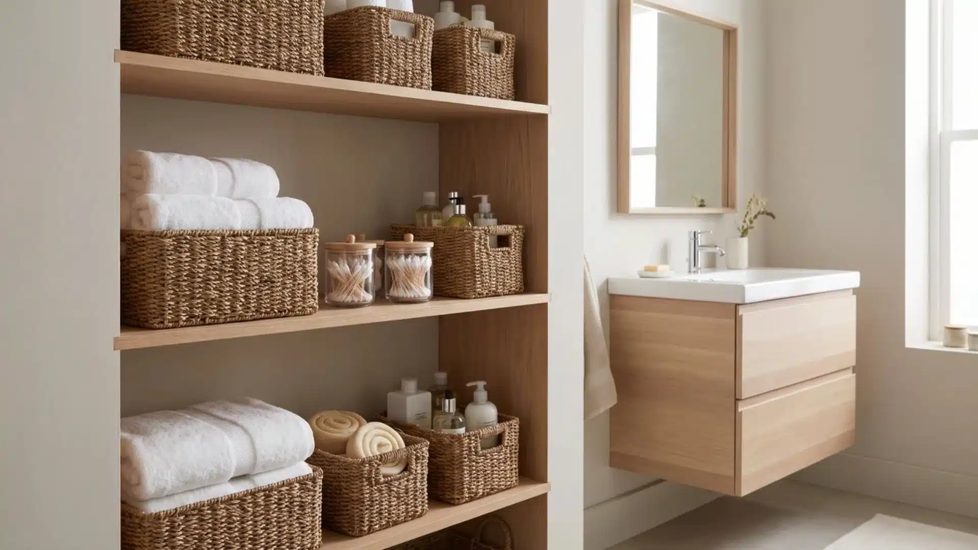 Woven baskets storing towels and bathroom essentials beneath an open vanity.
