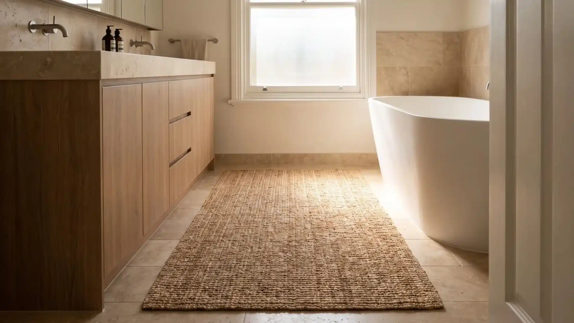 Natural woven rug placed on stone flooring beside a freestanding bathtub.