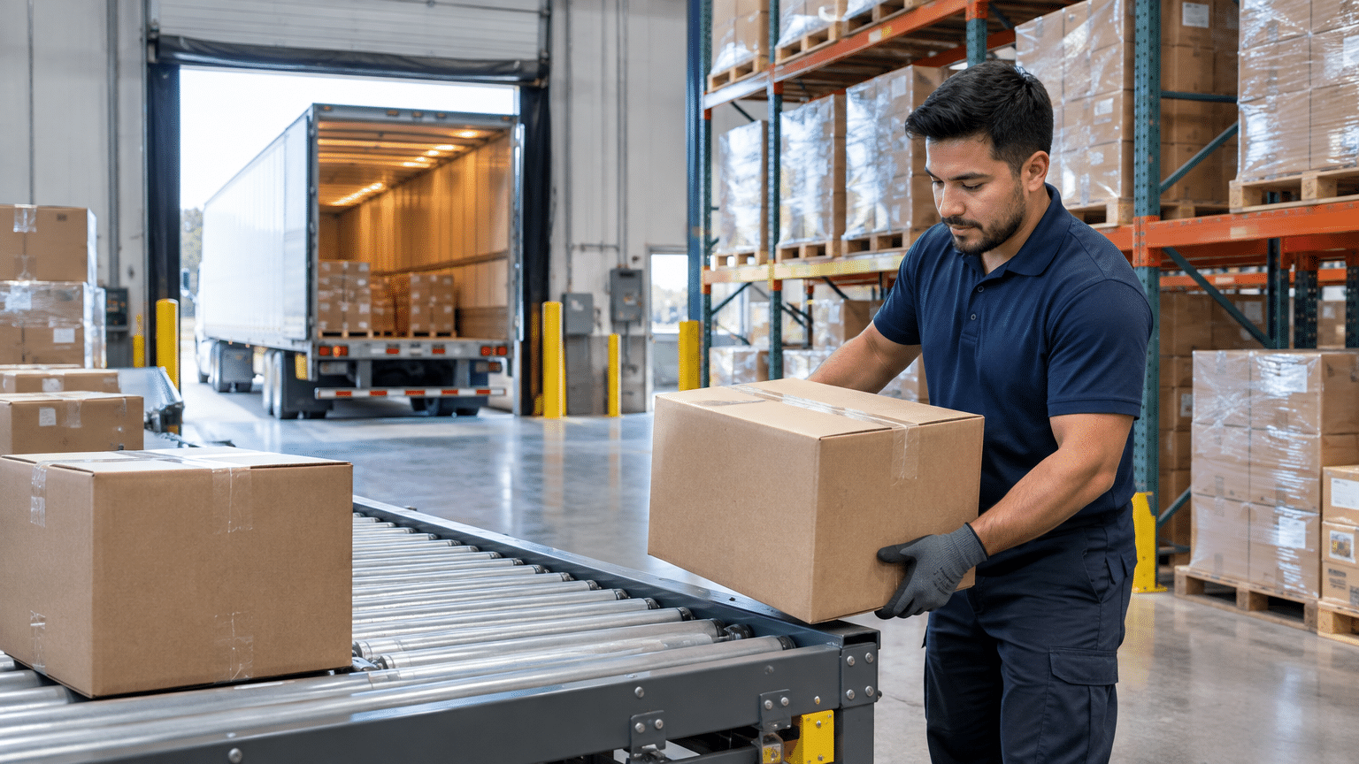 Worker in navy uniform placing cardboard box on conveyor belt in warehouse loading area