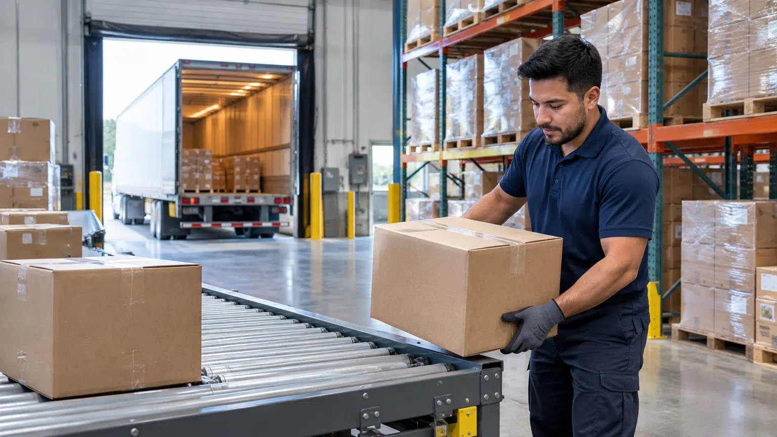 Worker in navy uniform placing cardboard box on conveyor belt in warehouse loading area