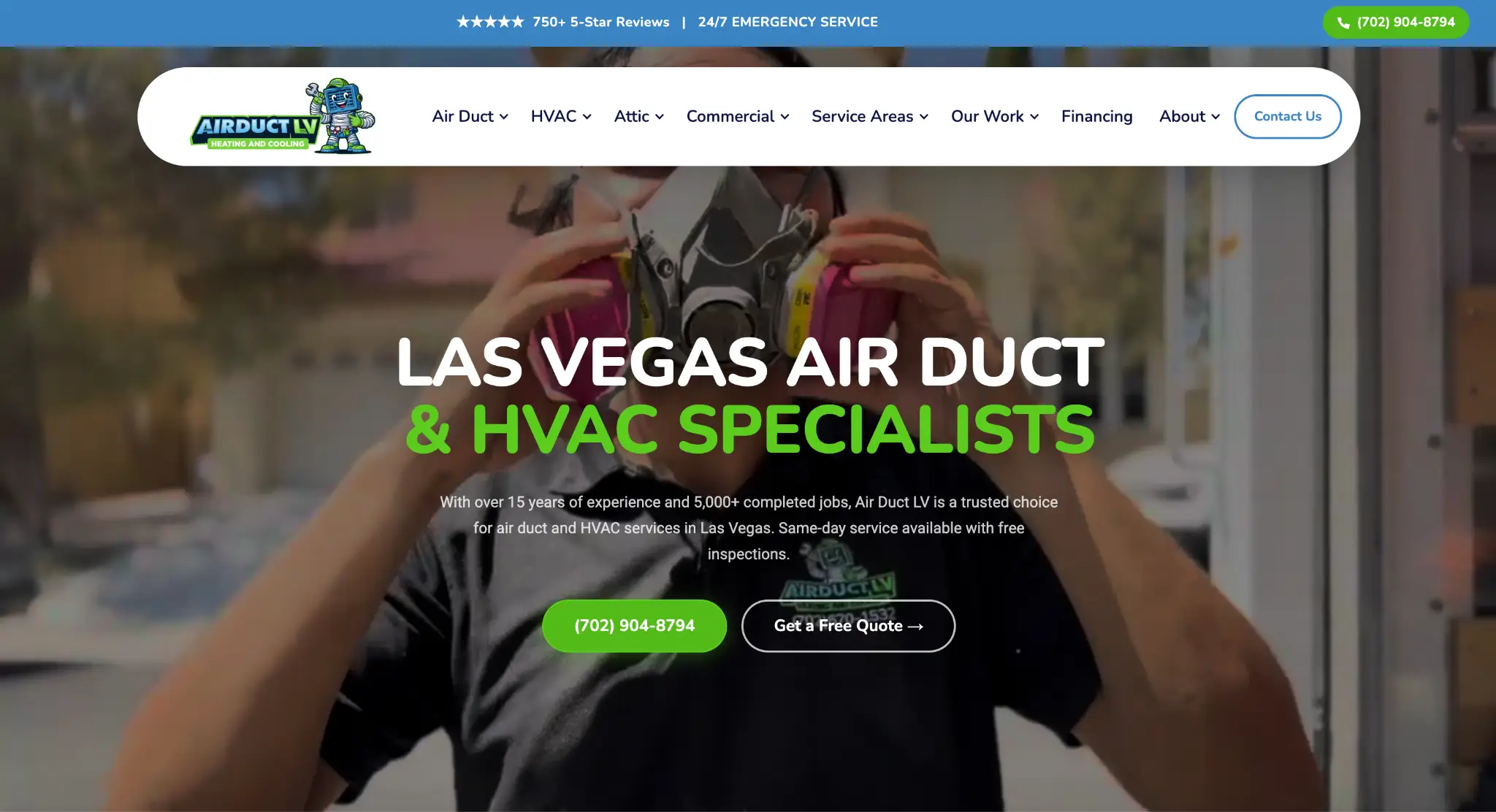 Technician adjusting respirator mask in front of AirDuct LV branding in outdoor setting