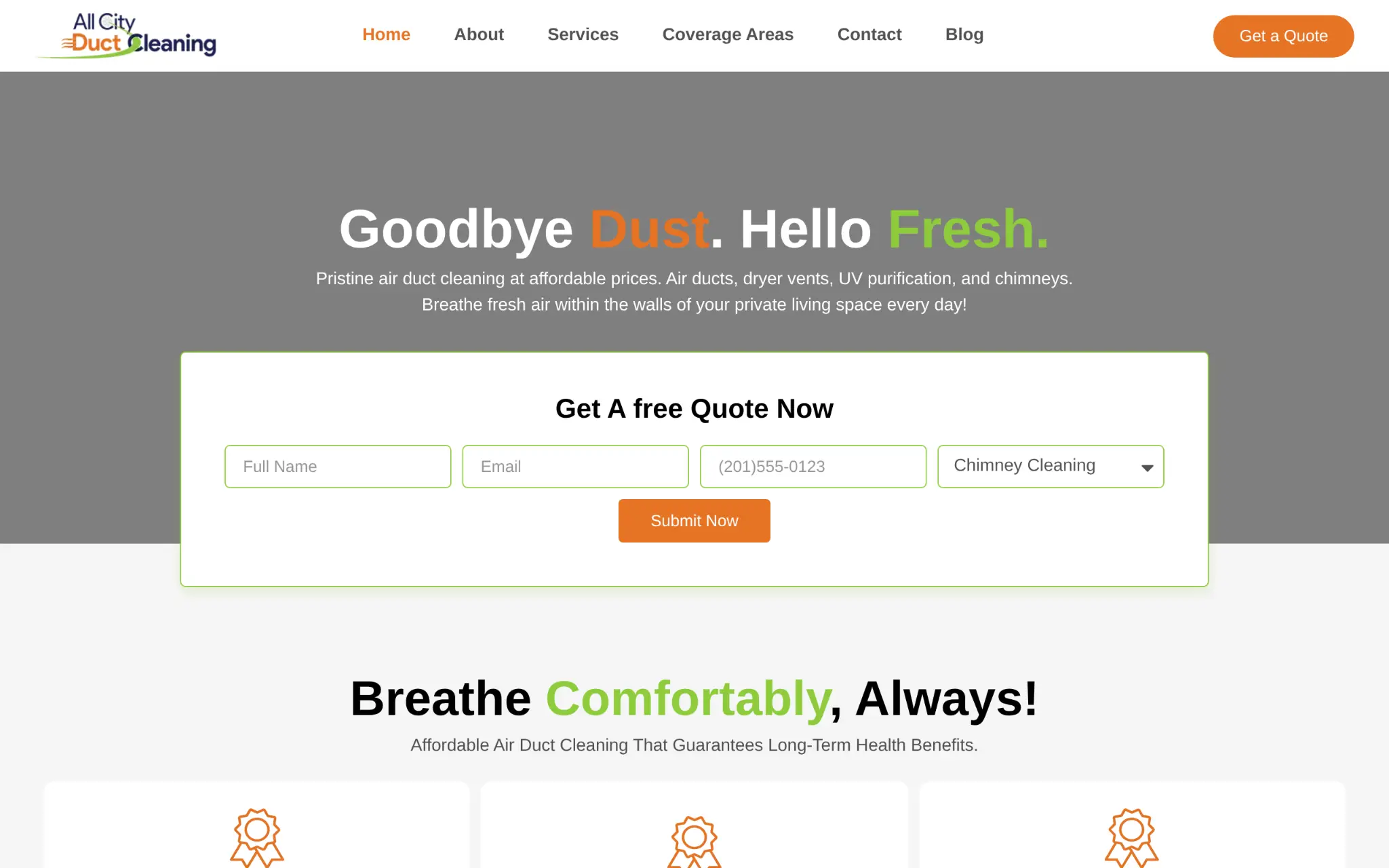 Website homepage of a duct cleaning service with a quote request form