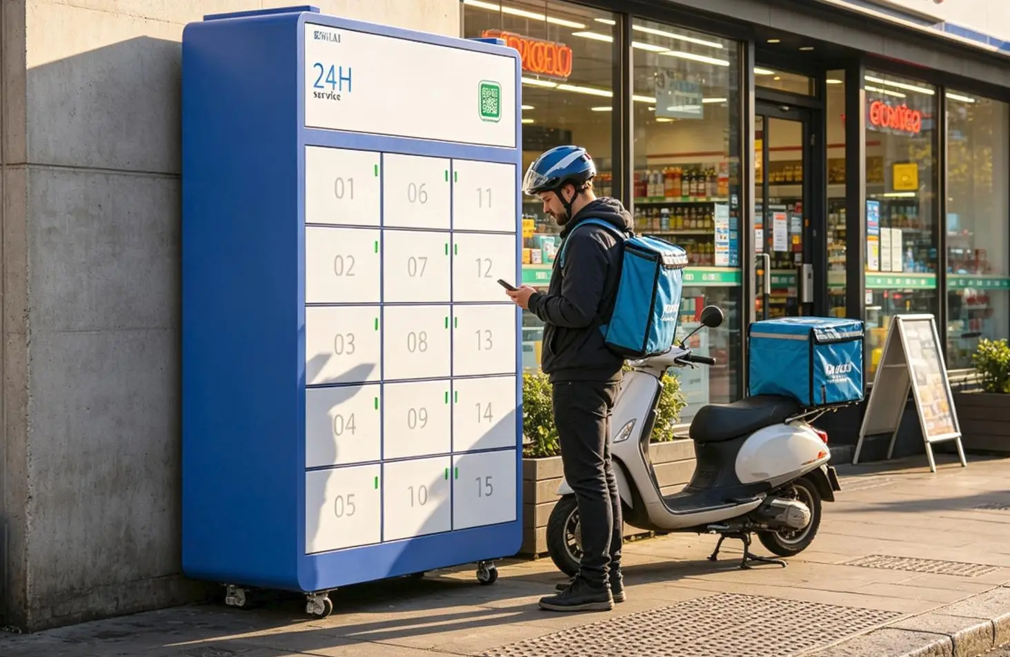 Delivery worker with blue backpack using phone beside blue 24-hour locker and scooter outside store