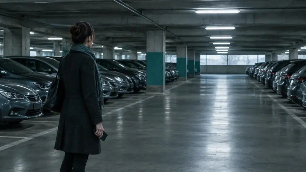 Woman standing in dimly lit parking garage with rows of parked cars