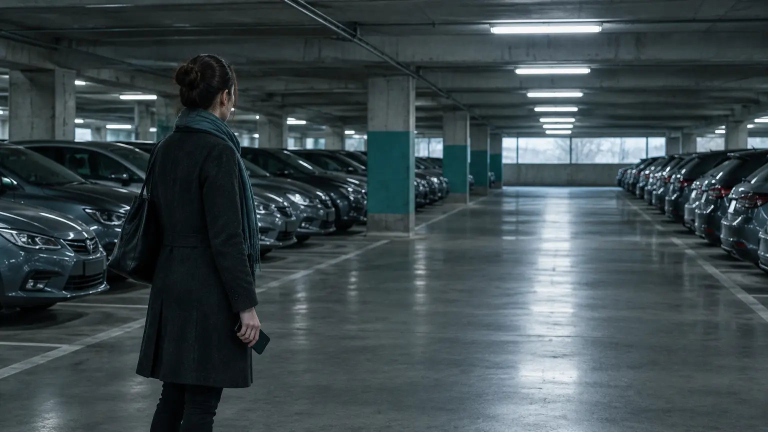 Woman standing in dimly lit parking garage with rows of parked cars