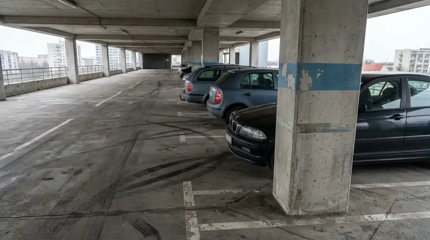 Cars parked in multi-story parking garage with concrete pillars and urban cityscape background