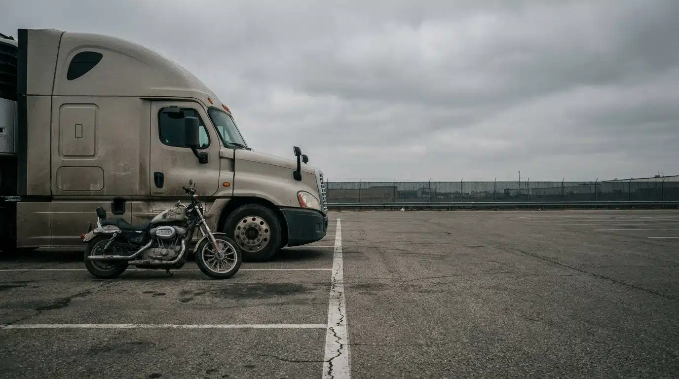 Truck and motorcycle parked in empty, overcast parking lot