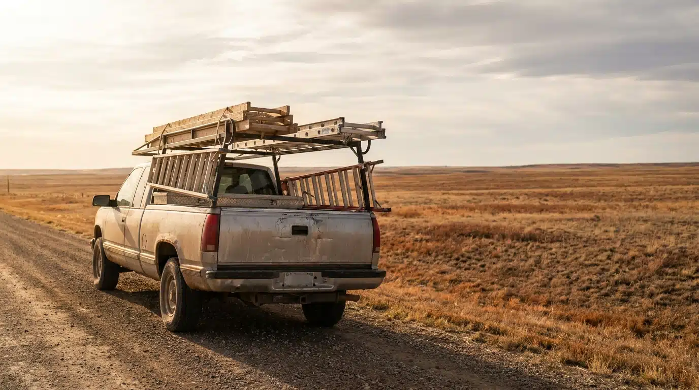 Pickup truck carrying ladders on dirt road in open countryside during sunset