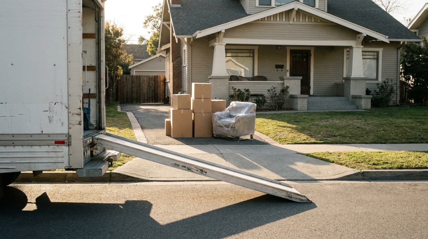Moving truck with ramp leading to driveway and cardboard boxes outside suburban house