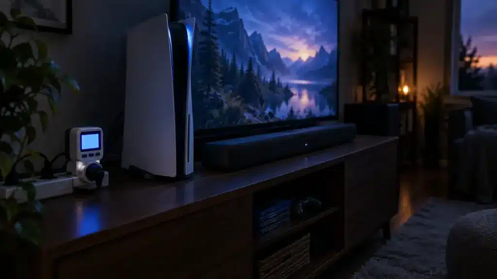 Gaming console and soundbar on wooden media unit in cozy living room with large TV screen
