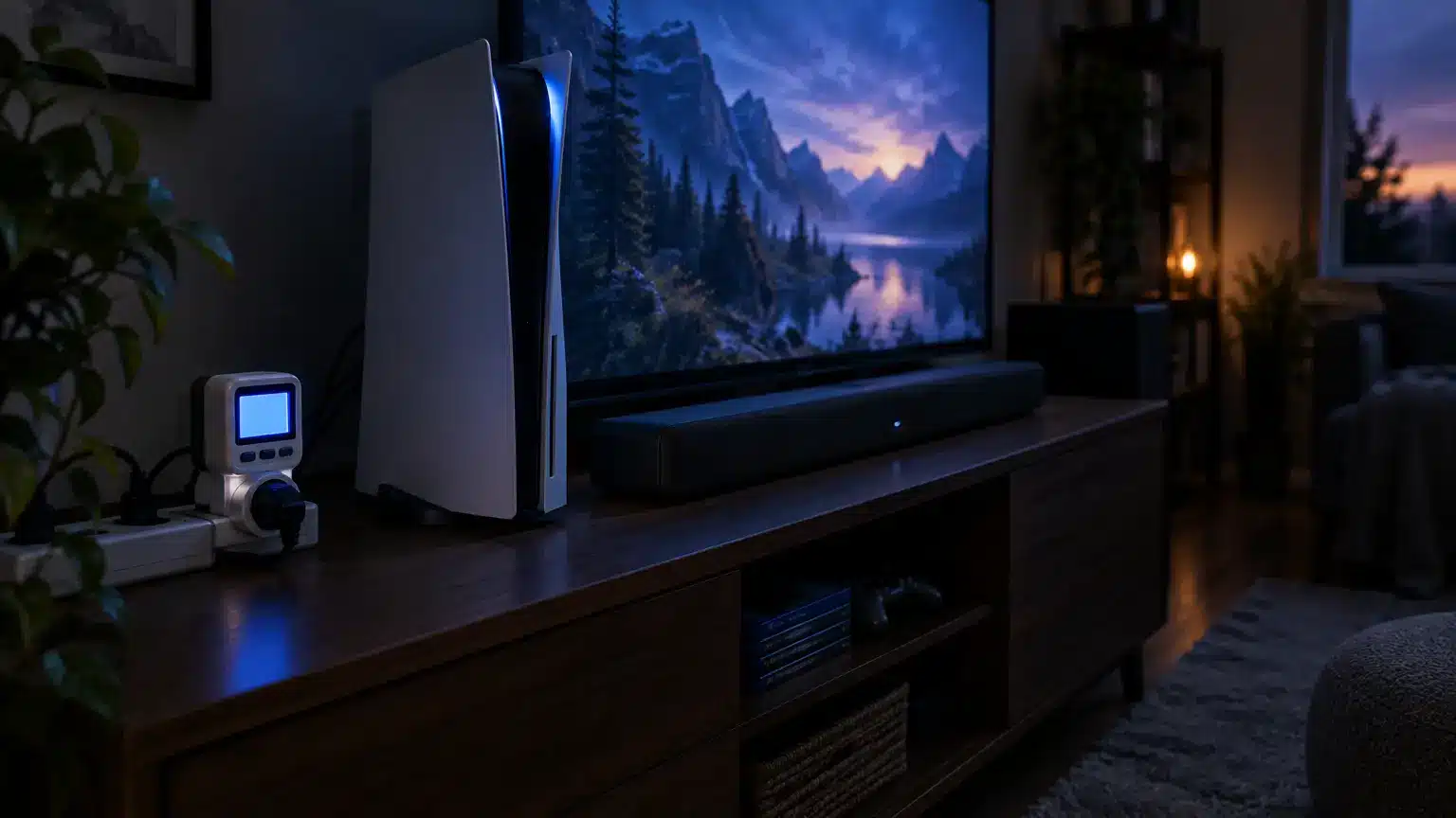 Gaming console and soundbar on wooden media unit in cozy living room with large TV screen