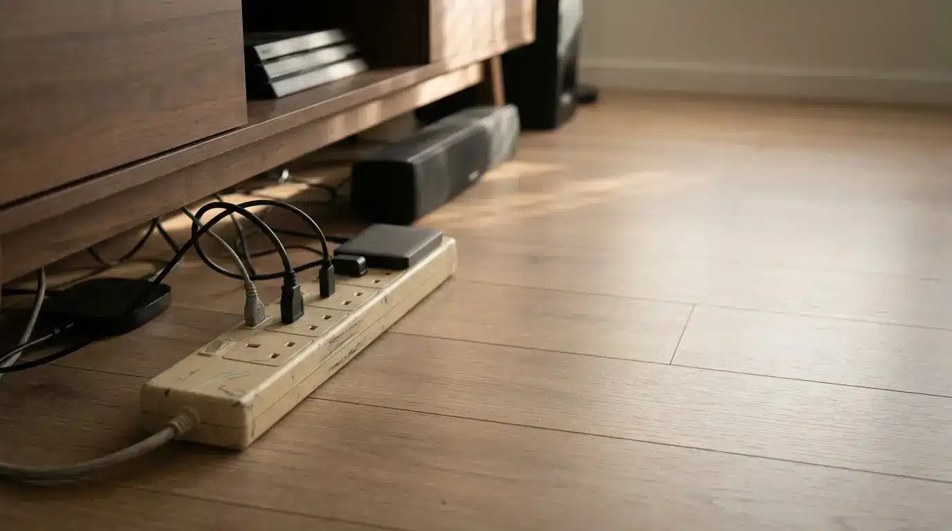 Power strip with multiple plugs on wooden floor beside entertainment cabinet