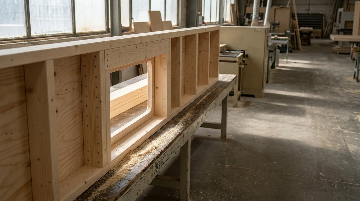 Wooden bookshelf frame on workbench in sunlit carpentry workshop