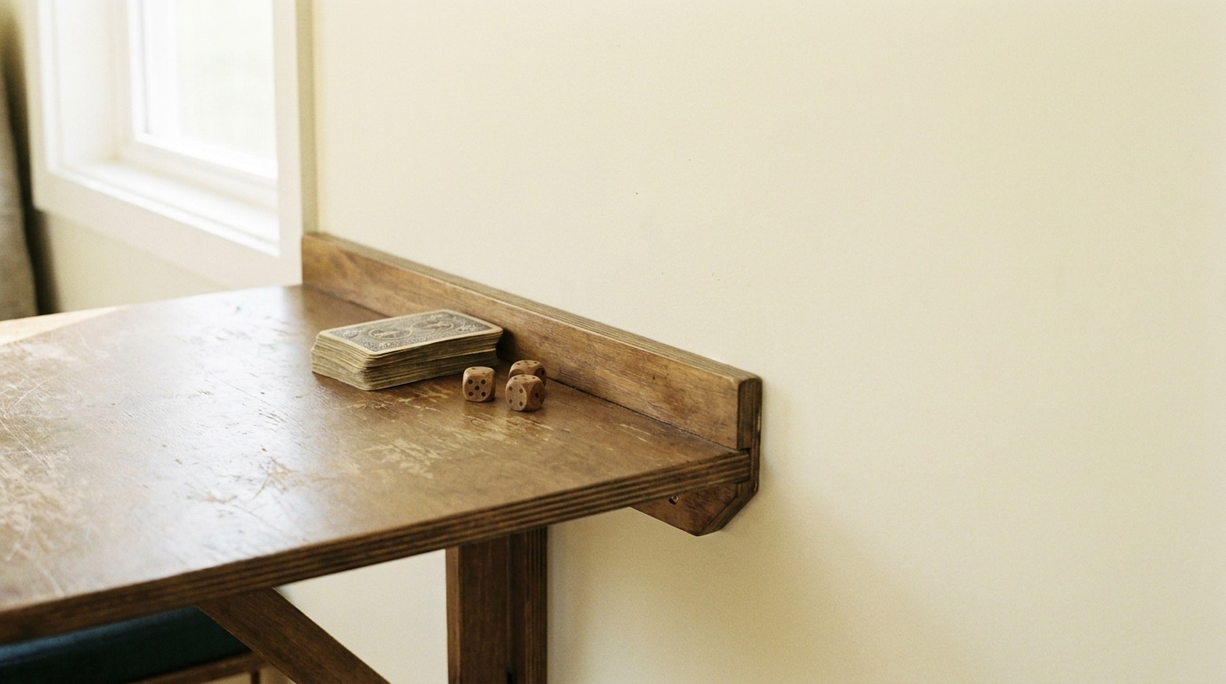 Deck of tarot cards and three dice on a rustic wooden table near window
