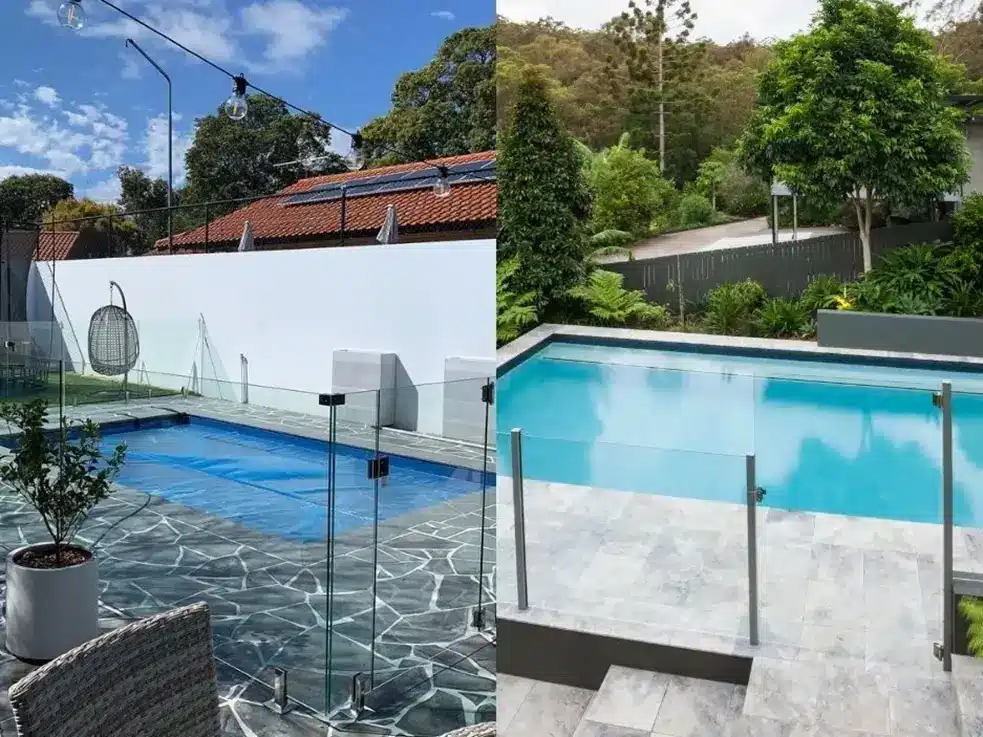 Two modern outdoor swimming pools with glass fencing and surrounding greenery